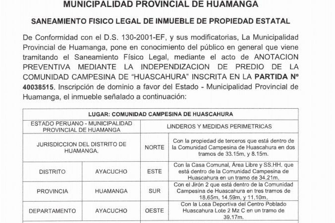 Municipalidad de Huamanga y Comunidad Campesina de Huascahura tramitan saneamiento físico